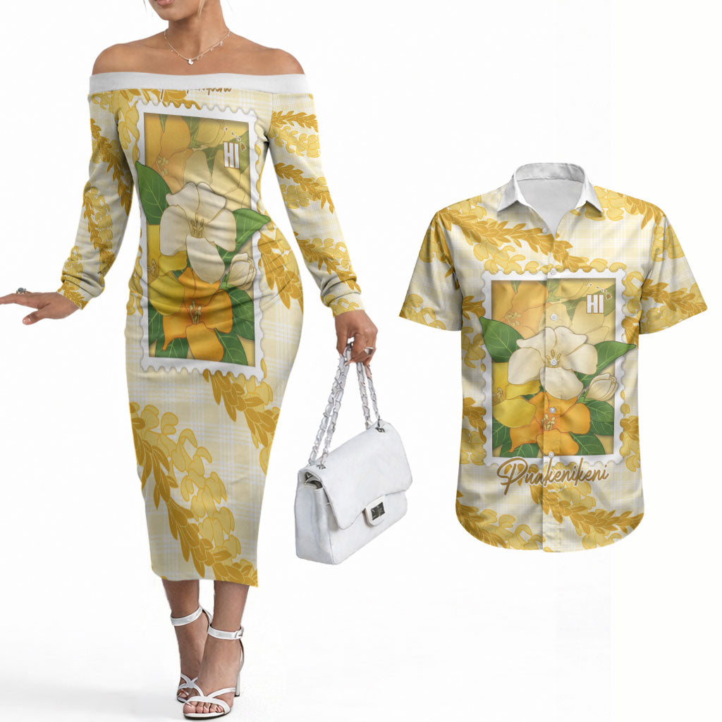 Aloha Hawaii Puakenikeni Couples Matching Off The Shoulder Long Sleeve Dress and Hawaiian Shirt Hawaiian Lei Palaka Motifs Stylized Stamp LT14 Yellow - Polynesian Pride