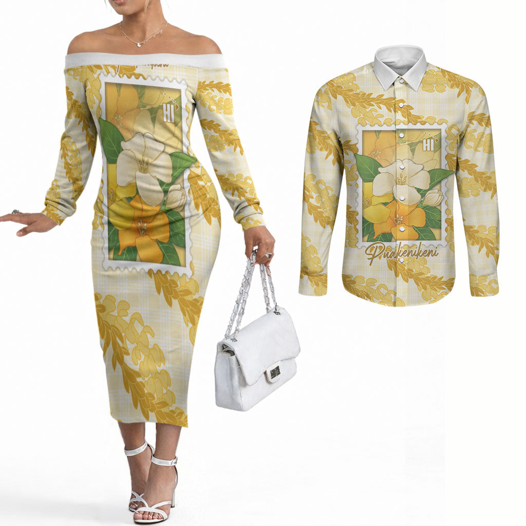Aloha Hawaii Puakenikeni Couples Matching Off The Shoulder Long Sleeve Dress and Long Sleeve Button Shirt Hawaiian Lei Palaka Motifs Stylized Stamp LT14 Yellow - Polynesian Pride