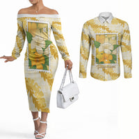 Aloha Hawaii Puakenikeni Couples Matching Off The Shoulder Long Sleeve Dress and Long Sleeve Button Shirt Hawaiian Lei Palaka Motifs Stylized Stamp LT14 Yellow - Polynesian Pride