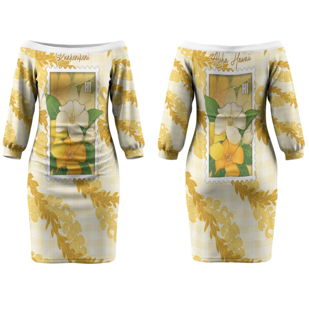 Aloha Hawaii Puakenikeni Couples Matching Off The Shoulder Long Sleeve Dress and Long Sleeve Button Shirt Hawaiian Lei Palaka Motifs Stylized Stamp LT14 - Polynesian Pride