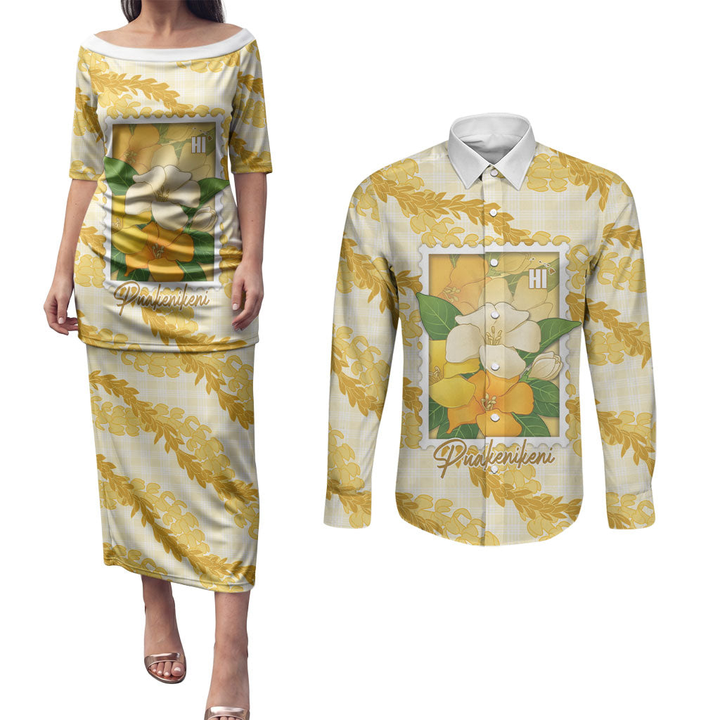 Aloha Hawaii Puakenikeni Couples Matching Puletasi and Long Sleeve Button Shirt Hawaiian Lei Palaka Motifs Stylized Stamp LT14 Yellow - Polynesian Pride