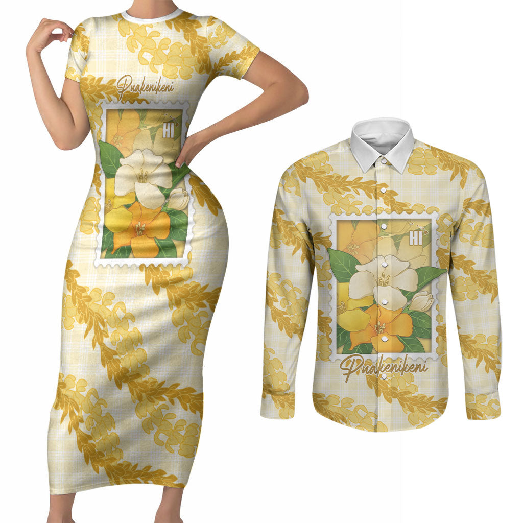 Aloha Hawaii Puakenikeni Couples Matching Short Sleeve Bodycon Dress and Long Sleeve Button Shirt Hawaiian Lei Palaka Motifs Stylized Stamp LT14 Yellow - Polynesian Pride