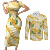 Aloha Hawaii Puakenikeni Couples Matching Short Sleeve Bodycon Dress and Long Sleeve Button Shirt Hawaiian Lei Palaka Motifs Stylized Stamp LT14 Yellow - Polynesian Pride