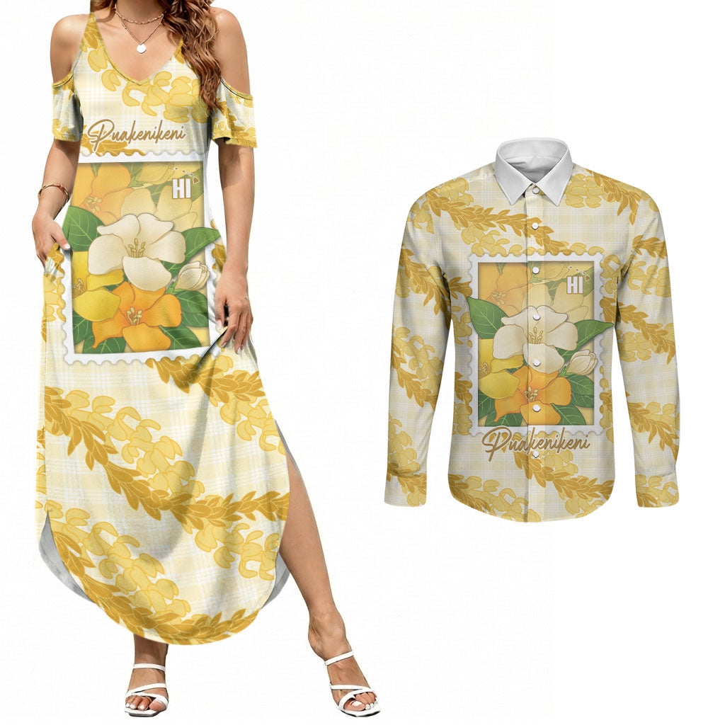 Aloha Hawaii Puakenikeni Couples Matching Summer Maxi Dress and Long Sleeve Button Shirt Hawaiian Lei Palaka Motifs Stylized Stamp LT14 Yellow - Polynesian Pride