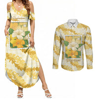 Aloha Hawaii Puakenikeni Couples Matching Summer Maxi Dress and Long Sleeve Button Shirt Hawaiian Lei Palaka Motifs Stylized Stamp LT14 Yellow - Polynesian Pride
