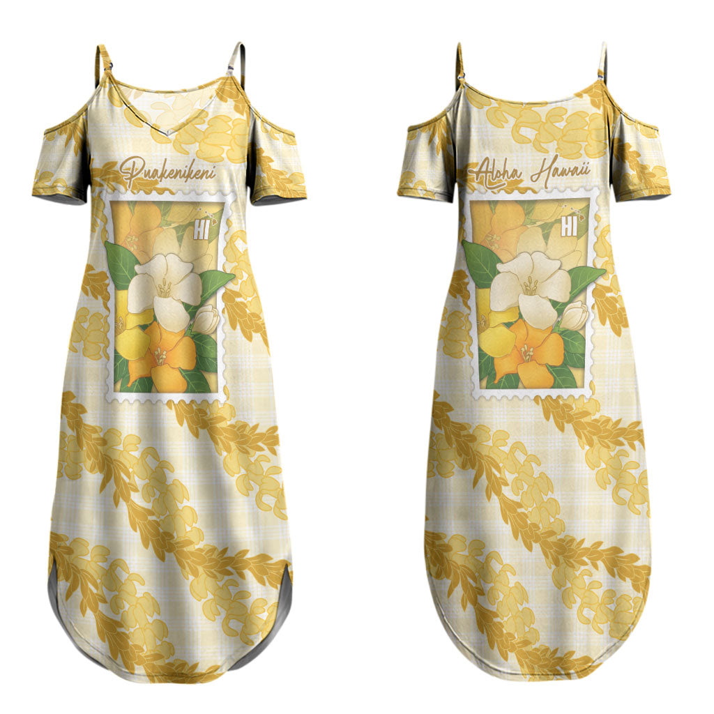Aloha Hawaii Puakenikeni Couples Matching Summer Maxi Dress and Long Sleeve Button Shirt Hawaiian Lei Palaka Motifs Stylized Stamp LT14 - Polynesian Pride