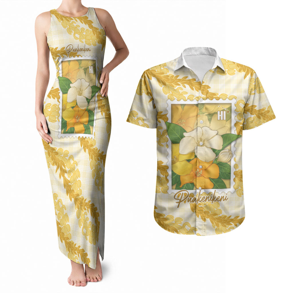 Aloha Hawaii Puakenikeni Couples Matching Tank Maxi Dress and Hawaiian Shirt Hawaiian Lei Palaka Motifs Stylized Stamp LT14 Yellow - Polynesian Pride