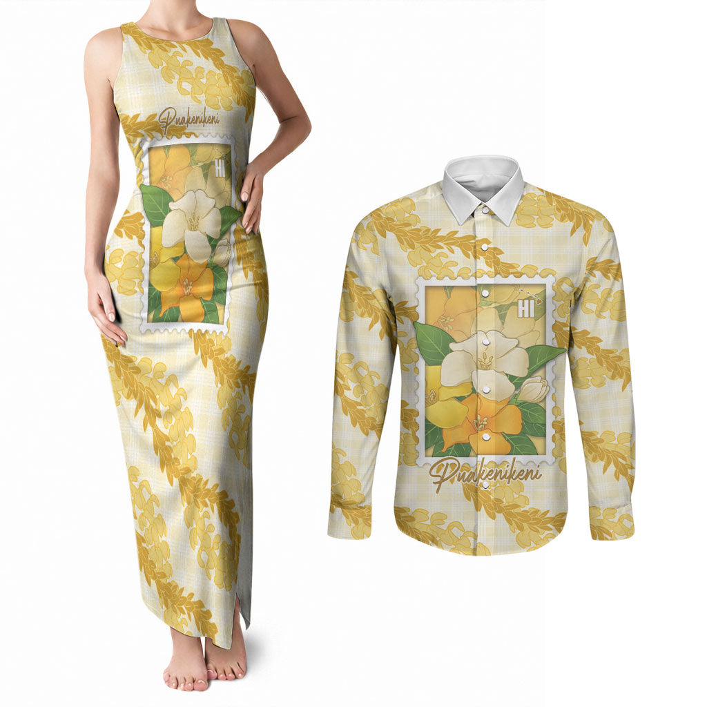 Aloha Hawaii Puakenikeni Couples Matching Tank Maxi Dress and Long Sleeve Button Shirt Hawaiian Lei Palaka Motifs Stylized Stamp