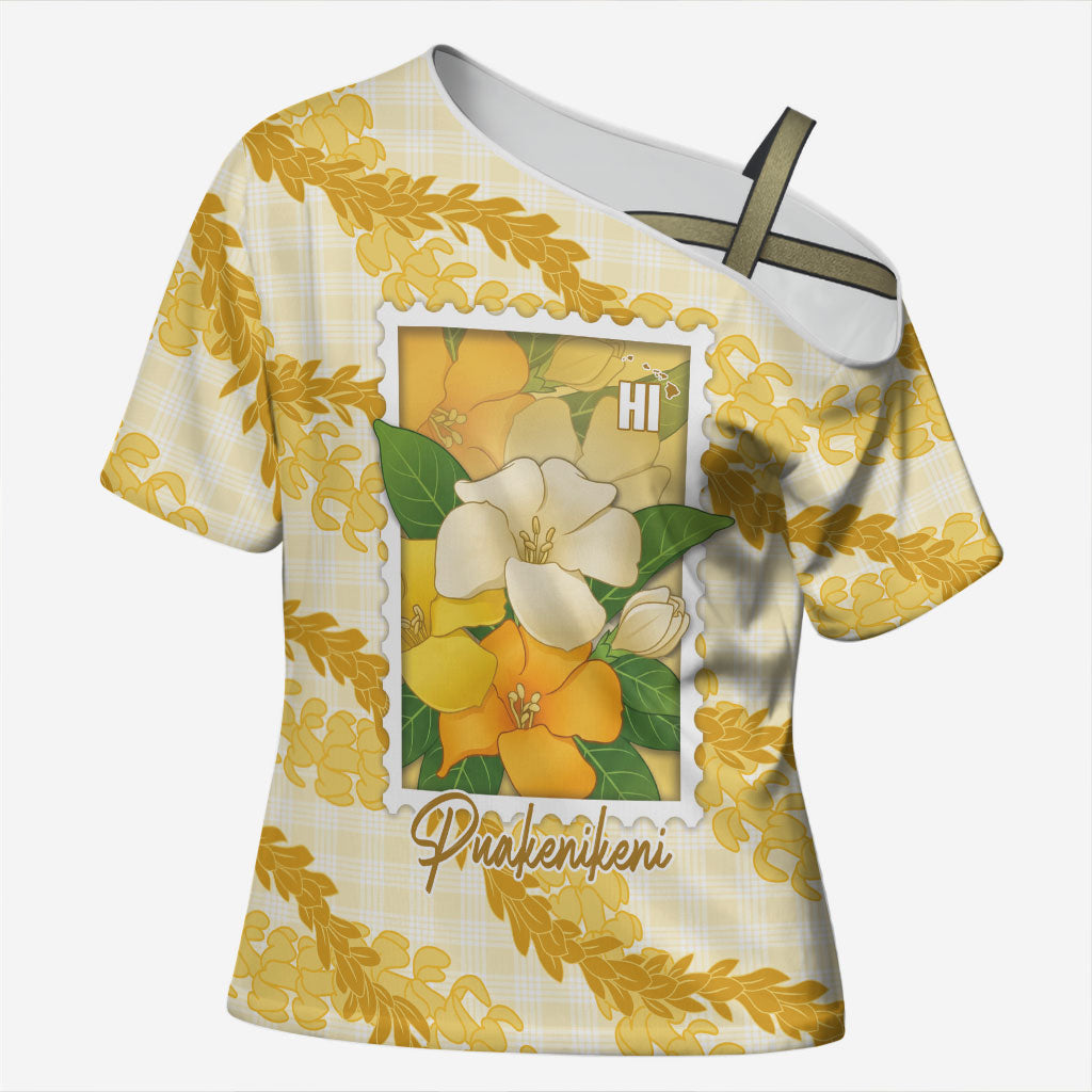 Aloha Hawaii Puakenikeni Cross Shoulder Shirt Hawaiian Lei Palaka Motifs Stylized Stamp LT14 Female Yellow - Polynesian Pride