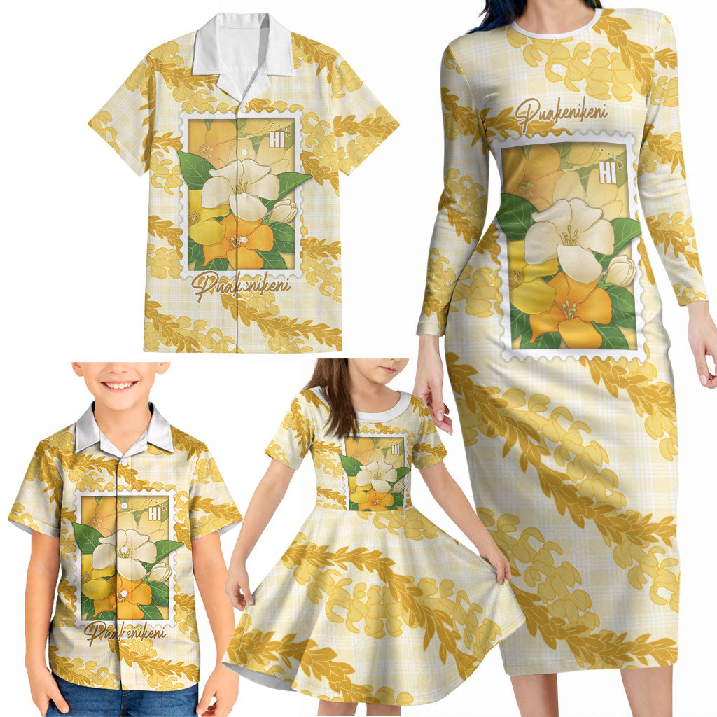 Aloha Hawaii Puakenikeni Family Matching Long Sleeve Bodycon Dress and Hawaiian Shirt Hawaiian Lei Palaka Motifs Stylized Stamp LT14 - Polynesian Pride