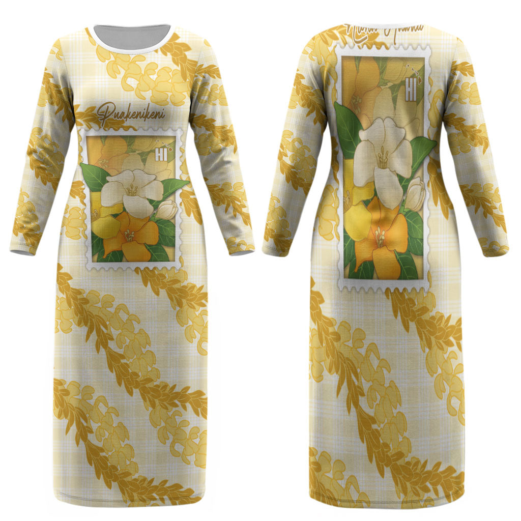 Aloha Hawaii Puakenikeni Family Matching Long Sleeve Bodycon Dress and Hawaiian Shirt Hawaiian Lei Palaka Motifs Stylized Stamp LT14 Mom's Dress Yellow - Polynesian Pride