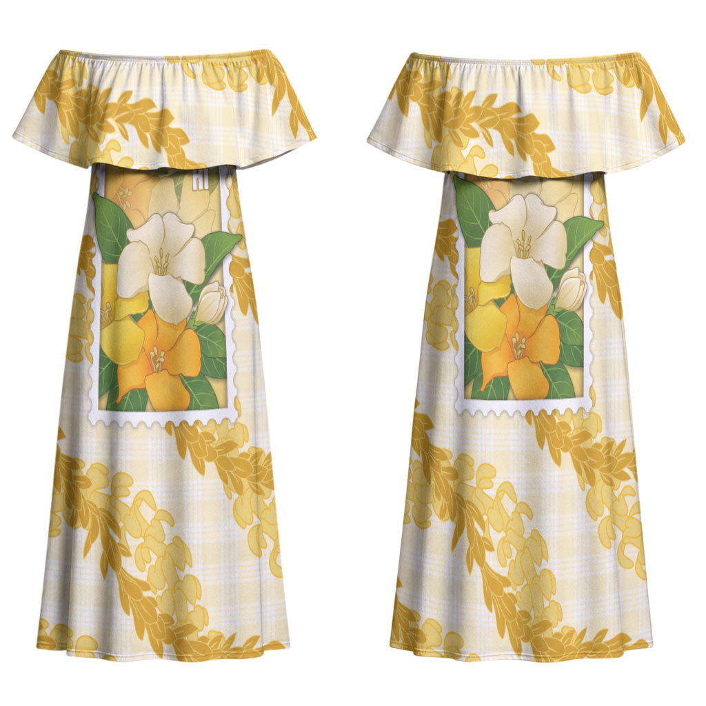 Aloha Hawaii Puakenikeni Family Matching Off Shoulder Maxi Dress and Hawaiian Shirt Hawaiian Lei Palaka Motifs Stylized Stamp LT14 Mom's Dress Yellow - Polynesian Pride