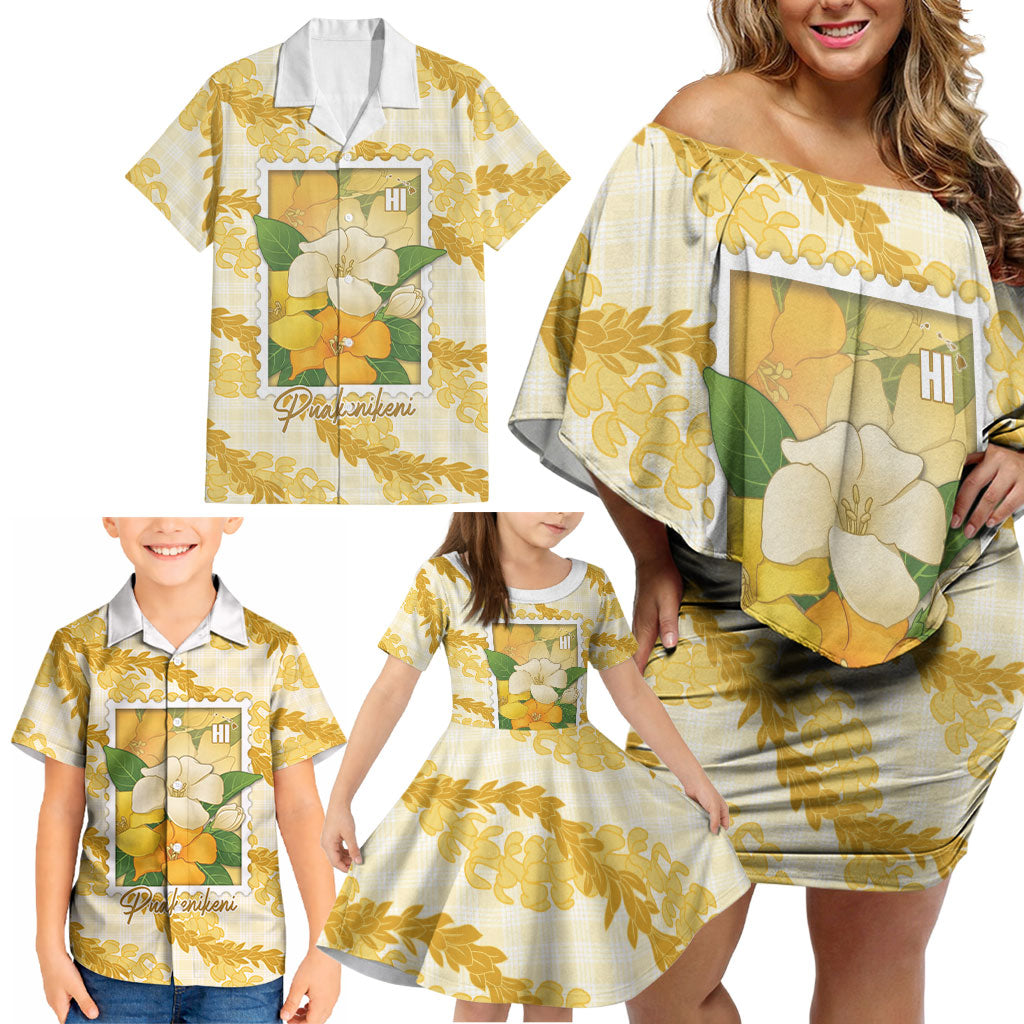 Aloha Hawaii Puakenikeni Family Matching Off Shoulder Short Dress and Hawaiian Shirt Hawaiian Lei Palaka Motifs Stylized Stamp LT14 - Polynesian Pride
