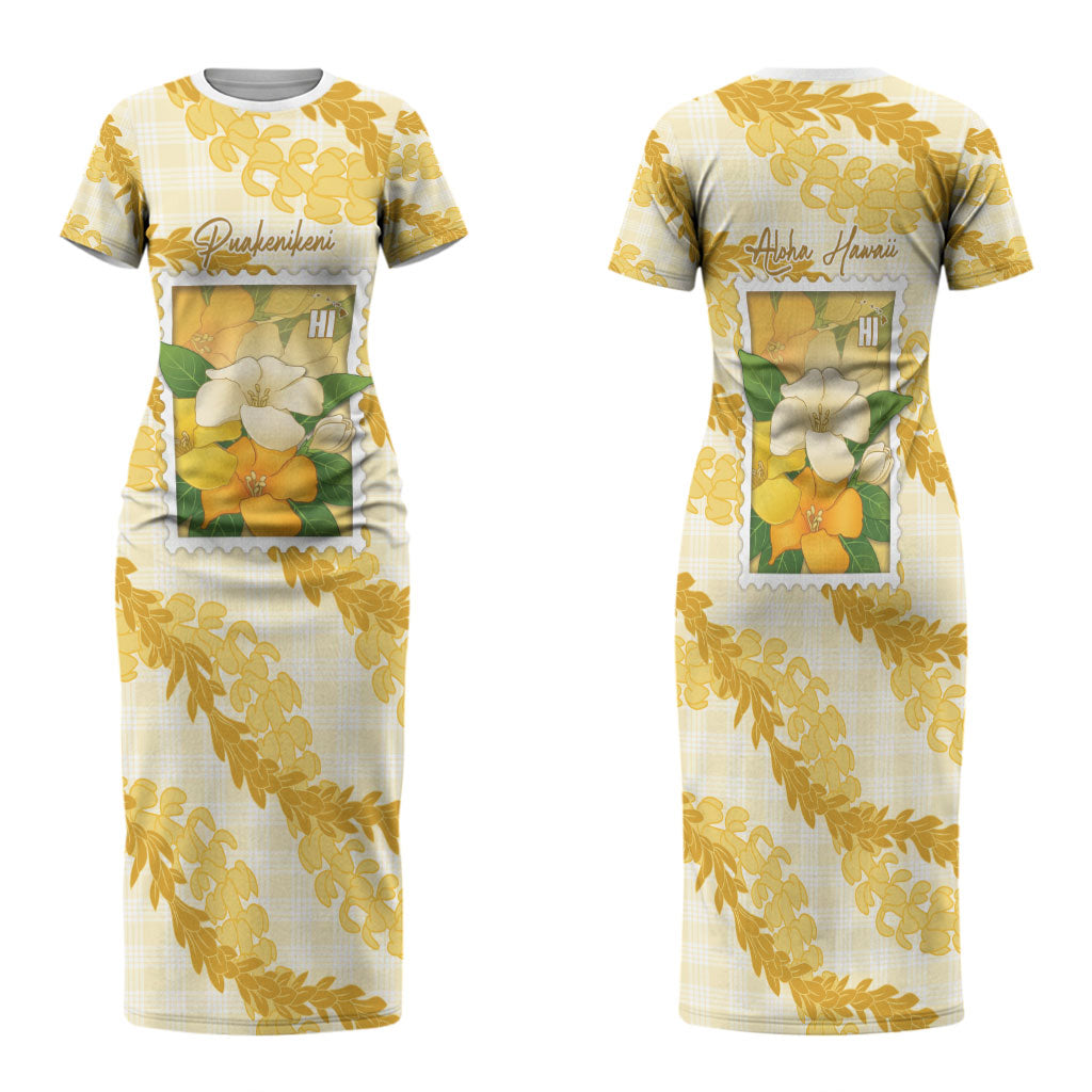 Aloha Hawaii Puakenikeni Family Matching Short Sleeve Bodycon Dress and Hawaiian Shirt Hawaiian Lei Palaka Motifs Stylized Stamp LT14 Mom's Dress Yellow - Polynesian Pride