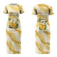 Aloha Hawaii Puakenikeni Family Matching Short Sleeve Bodycon Dress and Hawaiian Shirt Hawaiian Lei Palaka Motifs Stylized Stamp LT14 Mom's Dress Yellow - Polynesian Pride