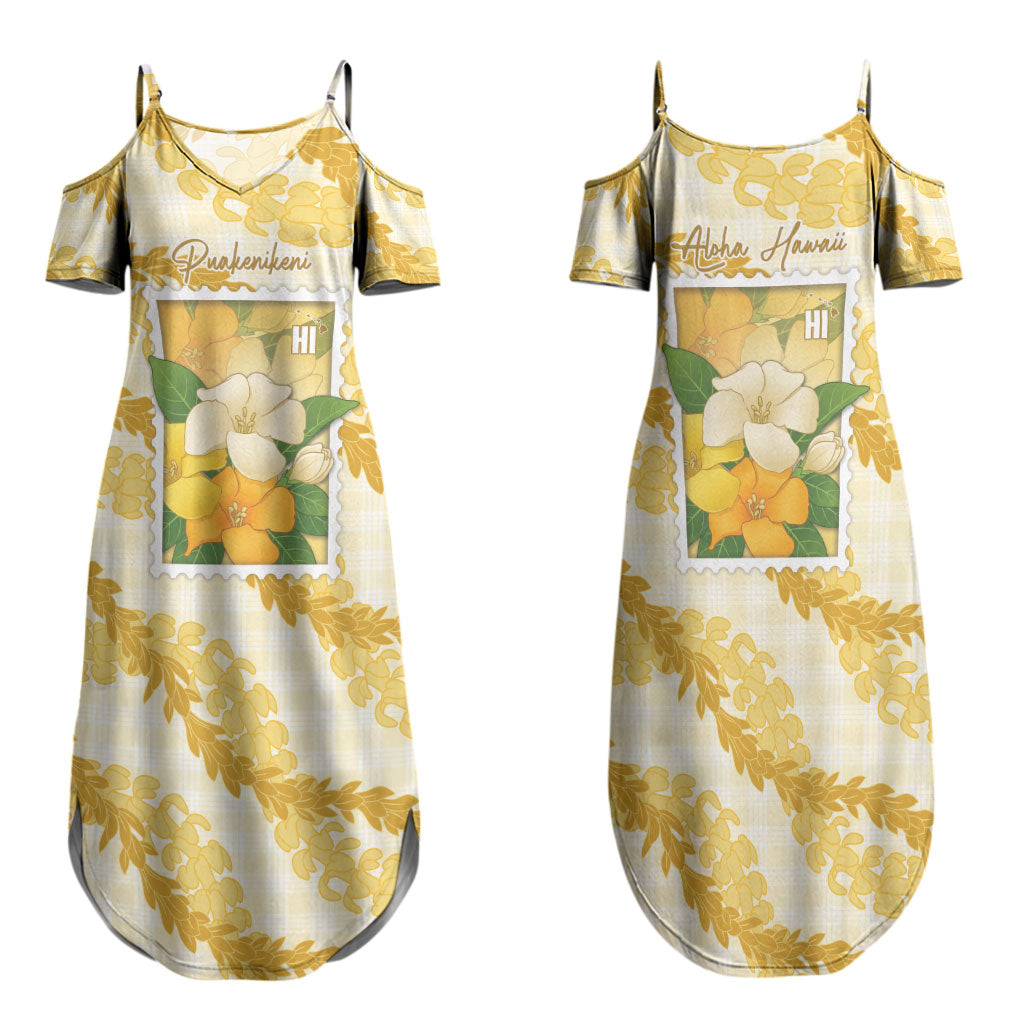 Aloha Hawaii Puakenikeni Family Matching Summer Maxi Dress and Hawaiian Shirt Hawaiian Lei Palaka Motifs Stylized Stamp LT14 Mom's Dress Yellow - Polynesian Pride