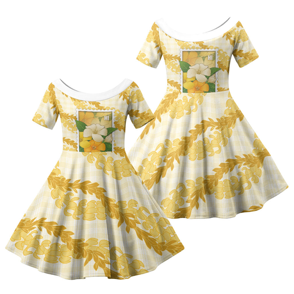 Aloha Hawaii Puakenikeni Family Matching Summer Maxi Dress and Hawaiian Shirt Hawaiian Lei Palaka Motifs Stylized Stamp LT14 Daughter's Dress Yellow - Polynesian Pride