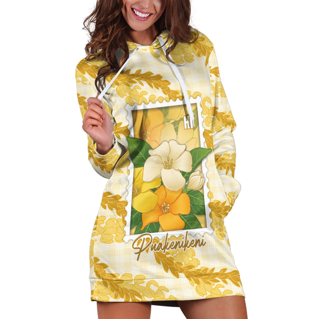 Aloha Hawaii Puakenikeni Hoodie Dress Hawaiian Lei Palaka Motifs Stylized Stamp LT14 Yellow - Polynesian Pride