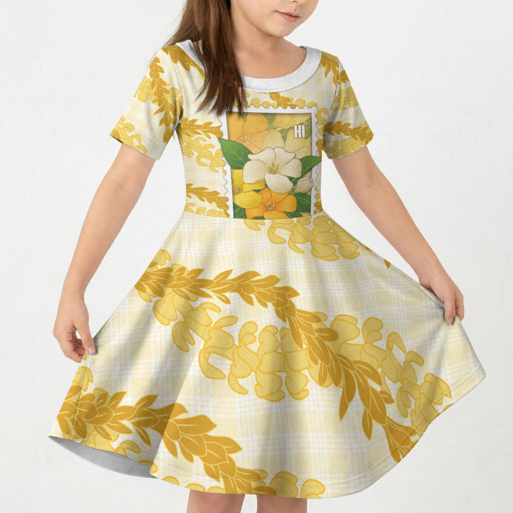 Aloha Hawaii Puakenikeni Kid Short Sleeve Dress Hawaiian Lei Palaka Motifs Stylized Stamp