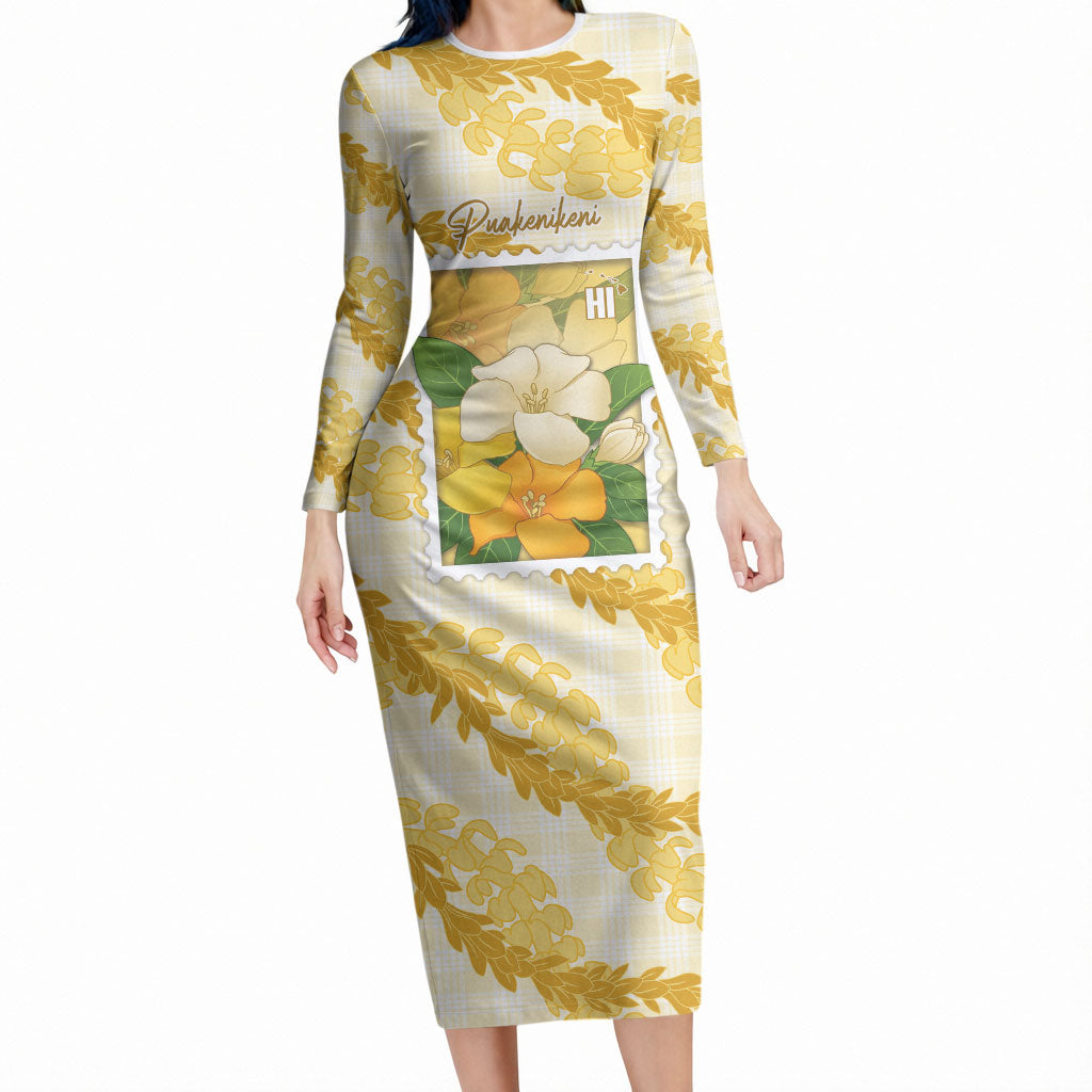 Aloha Hawaii Puakenikeni Long Sleeve Bodycon Dress Hawaiian Lei Palaka Motifs Stylized Stamp