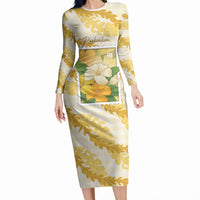 Aloha Hawaii Puakenikeni Long Sleeve Bodycon Dress Hawaiian Lei Palaka Motifs Stylized Stamp LT14 Long Dress Yellow - Polynesian Pride