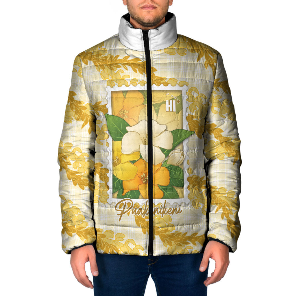 Aloha Hawaii Puakenikeni Padded Jacket Hawaiian Lei Palaka Motifs Stylized Stamp LT14 Men Yellow - Polynesian Pride
