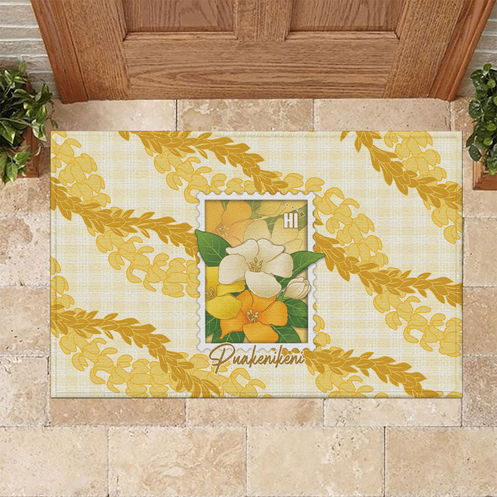 Aloha Hawaii Puakenikeni Rubber Doormat Hawaiian Lei Palaka Motifs Stylized Stamp LT14 Yellow - Polynesian Pride
