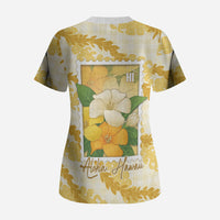 Aloha Hawaii Puakenikeni Scrub Top Hawaiian Lei Palaka Motifs Stylized Stamp LT14 - Polynesian Pride