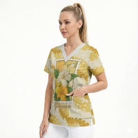 Aloha Hawaii Puakenikeni Scrub Top Hawaiian Lei Palaka Motifs Stylized Stamp LT14 - Polynesian Pride
