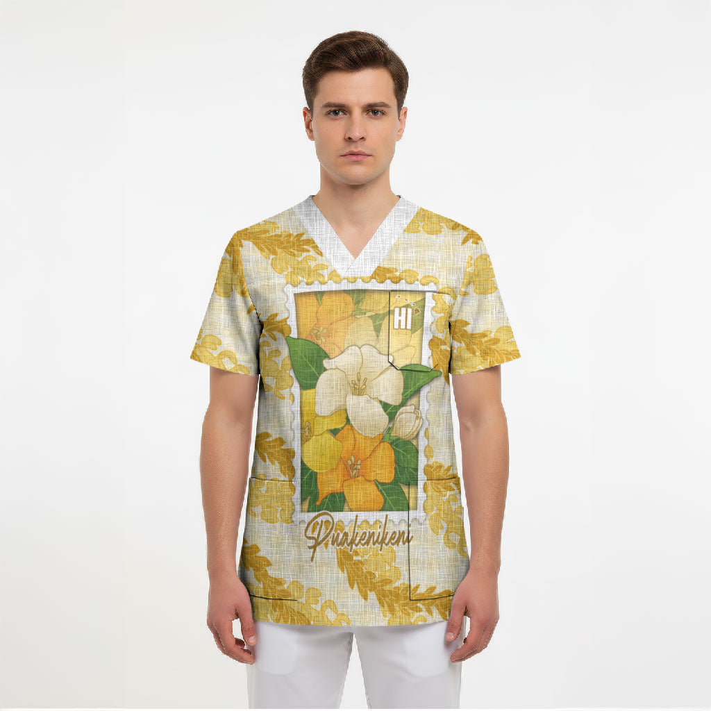 Aloha Hawaii Puakenikeni Scrub Top Hawaiian Lei Palaka Motifs Stylized Stamp LT14 - Polynesian Pride