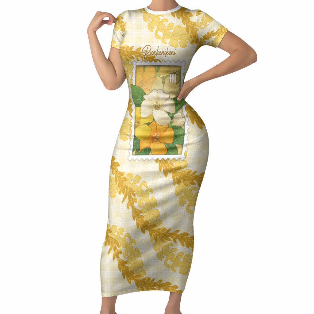 Aloha Hawaii Puakenikeni Short Sleeve Bodycon Dress Hawaiian Lei Palaka Motifs Stylized Stamp