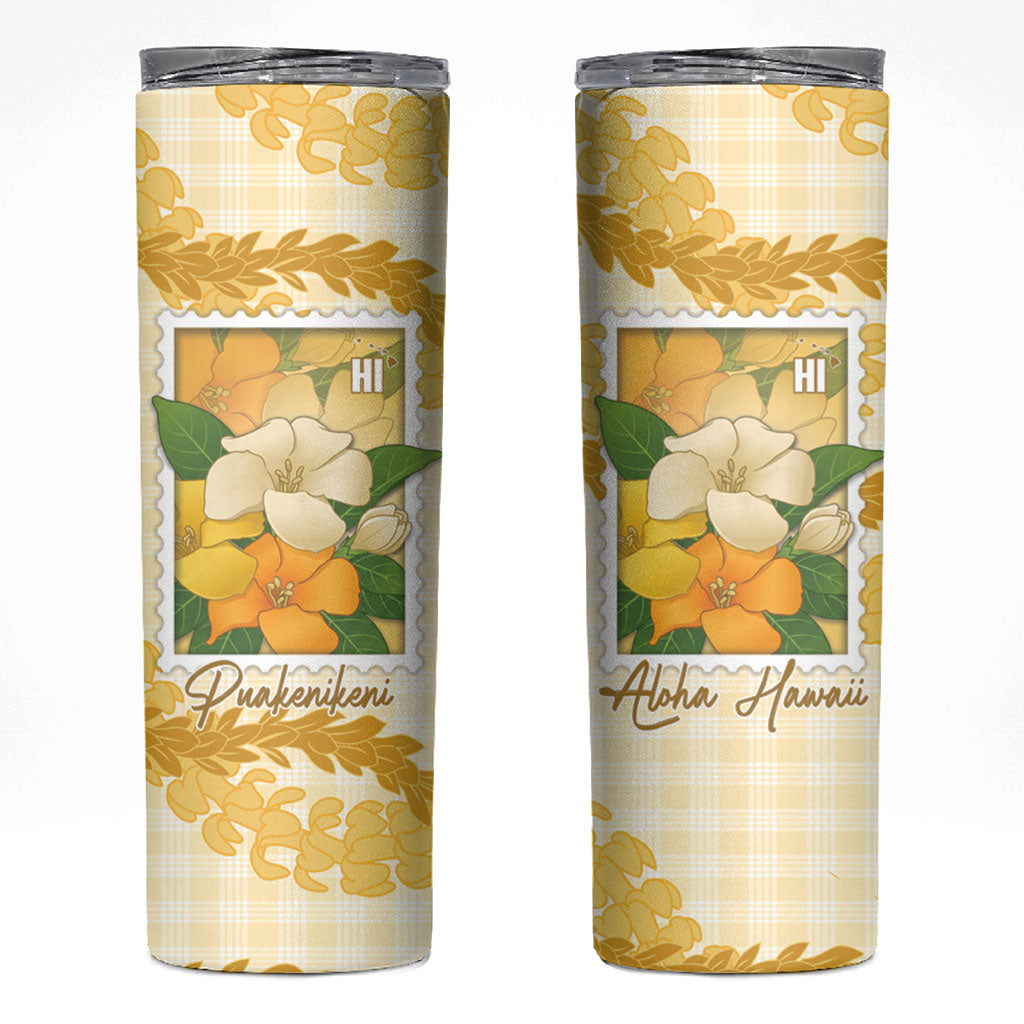 Aloha Hawaii Puakenikeni Skinny Tumbler Hawaiian Lei Palaka Motifs Stylized Stamp LT14 Yellow - Polynesian Pride