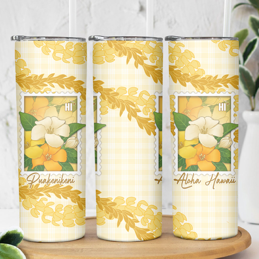 Aloha Hawaii Puakenikeni Skinny Tumbler Hawaiian Lei Palaka Motifs Stylized Stamp LT14 - Polynesian Pride