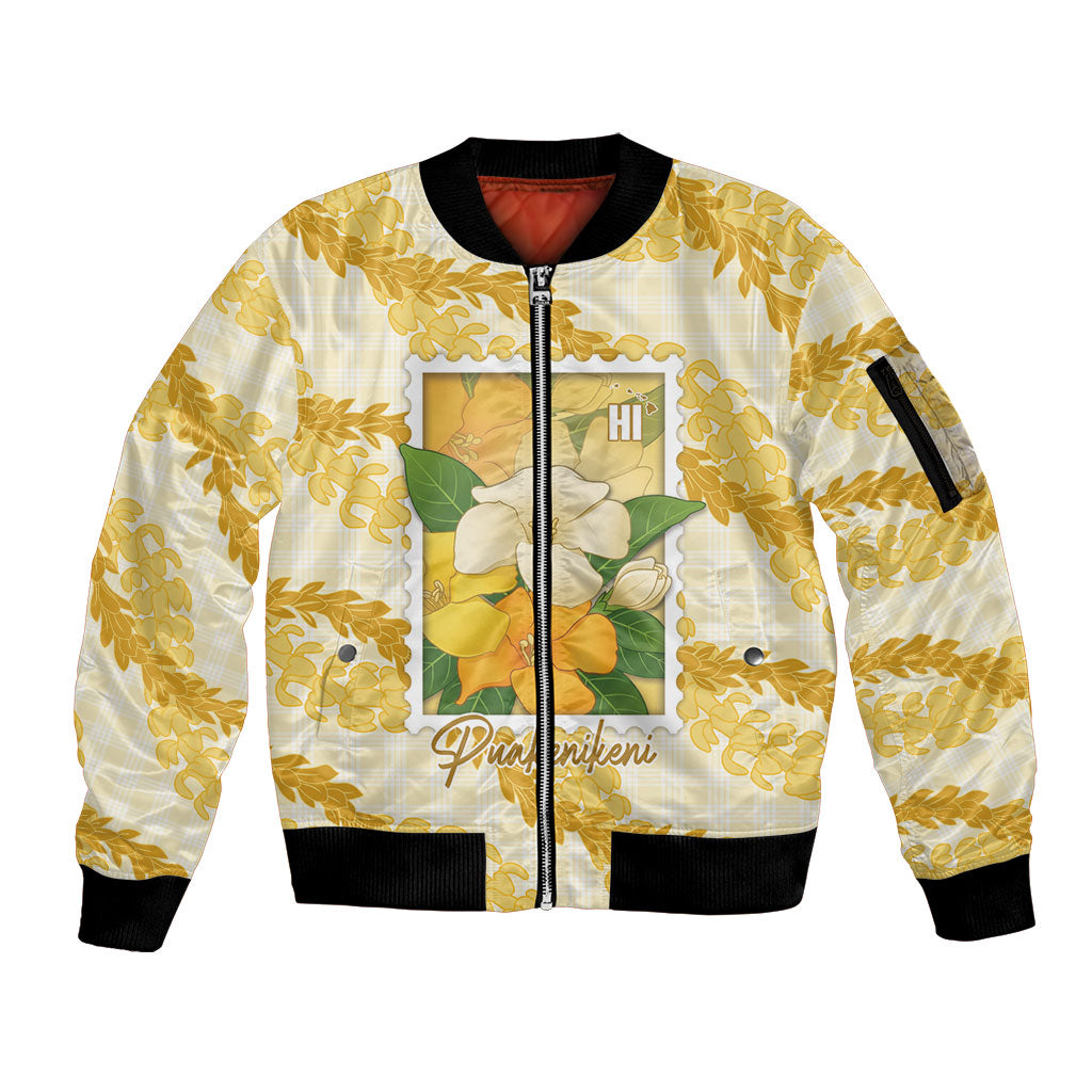 Aloha Hawaii Puakenikeni Sleeve Zip Bomber Jacket Hawaiian Lei Palaka Motifs Stylized Stamp LT14 Unisex Yellow - Polynesian Pride