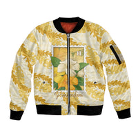 Aloha Hawaii Puakenikeni Sleeve Zip Bomber Jacket Hawaiian Lei Palaka Motifs Stylized Stamp LT14 Unisex Yellow - Polynesian Pride
