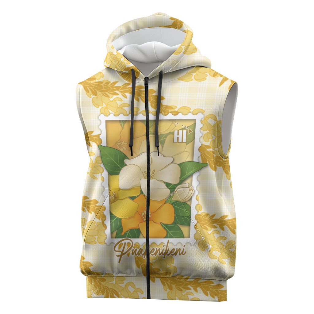 Aloha Hawaii Puakenikeni Sleeveless Zip Hoodie Hawaiian Lei Palaka Motifs Stylized Stamp