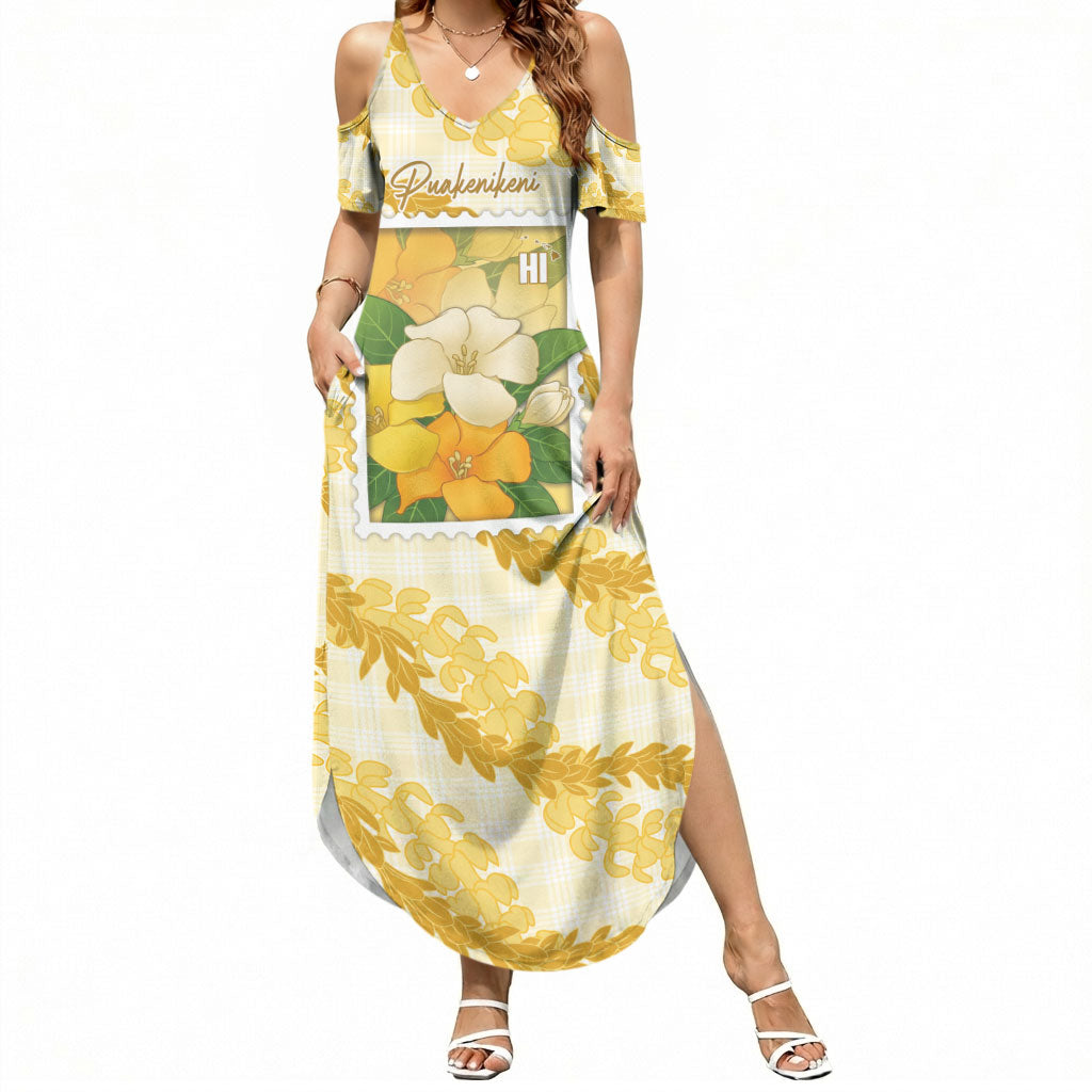 Aloha Hawaii Puakenikeni Summer Maxi Dress Hawaiian Lei Palaka Motifs Stylized Stamp LT14 Women Yellow - Polynesian Pride