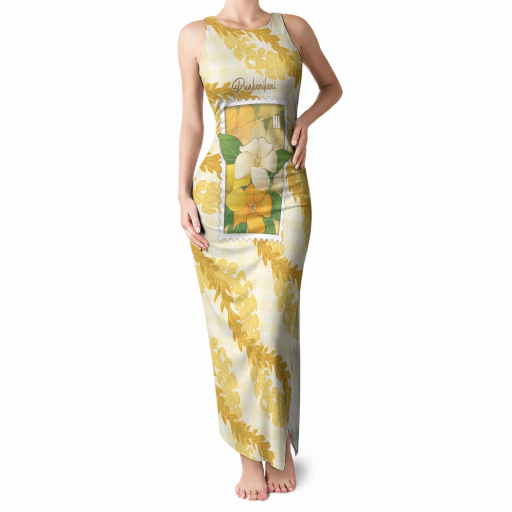 Aloha Hawaii Puakenikeni Tank Maxi Dress Hawaiian Lei Palaka Motifs Stylized Stamp