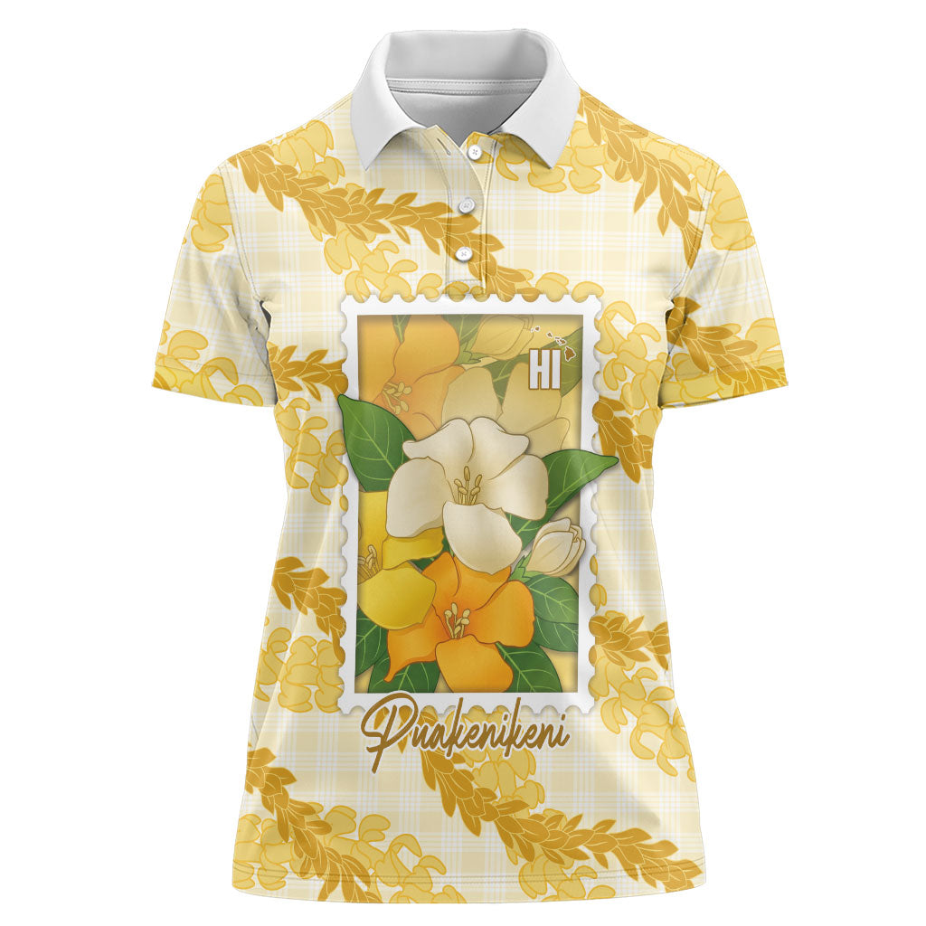 Aloha Hawaii Puakenikeni Women Polo Shirt Hawaiian Lei Palaka Motifs Stylized Stamp