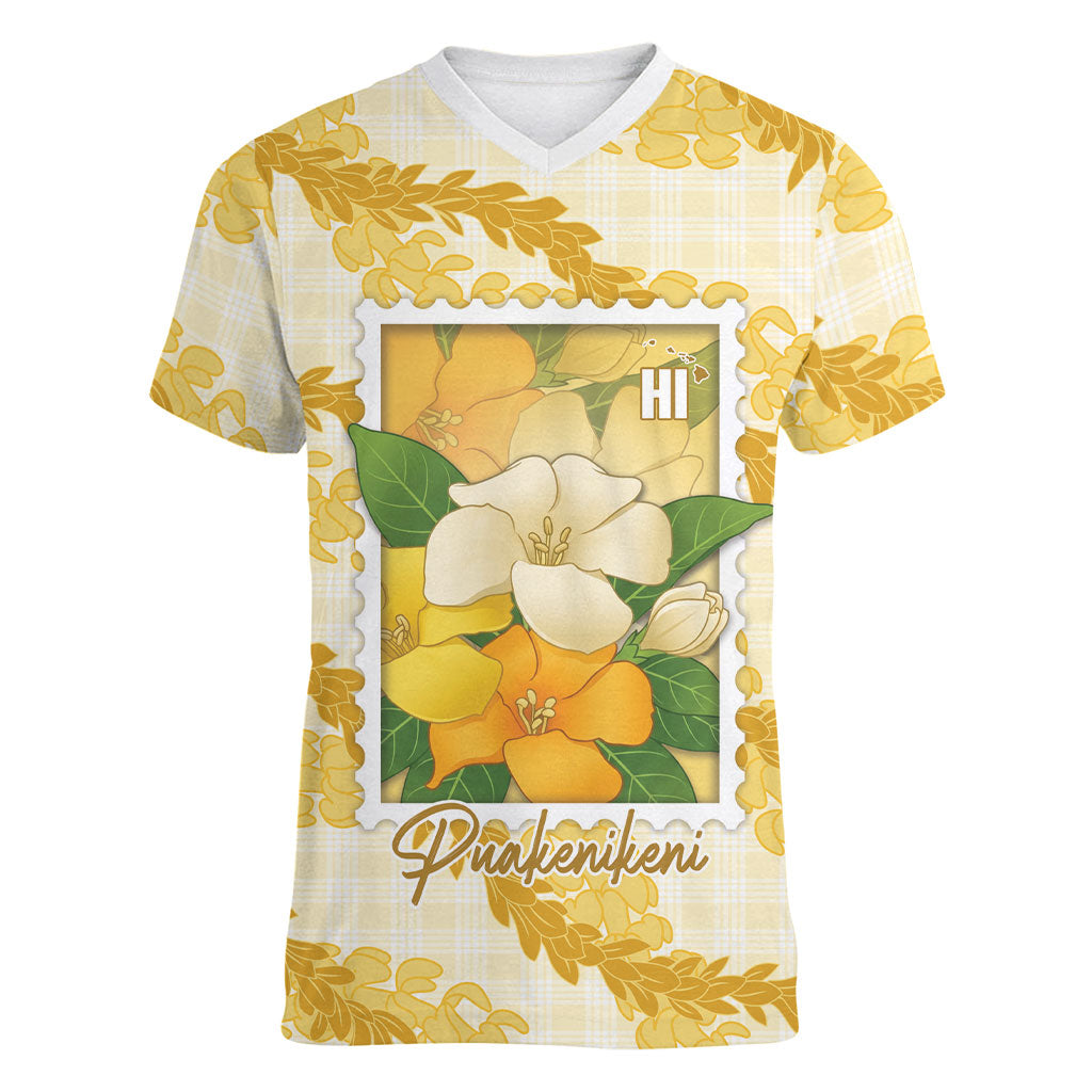 Aloha Hawaii Puakenikeni Women V-Neck T-Shirt Hawaiian Lei Palaka Motifs Stylized Stamp