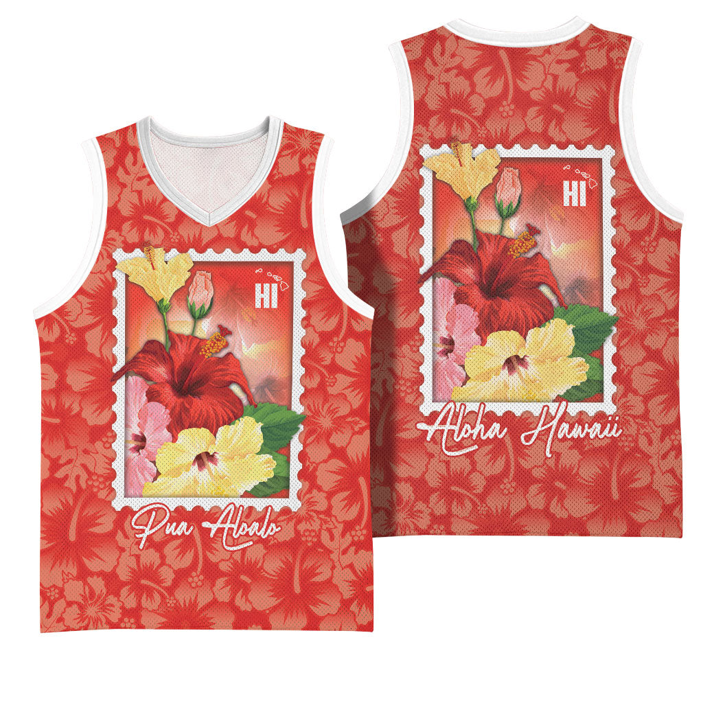 Aloha Hawaii Pua Aloalo Basketball Jersey Hawaiian Hibiscus Flowers Stylized Stamp LT14 - Polynesian Pride