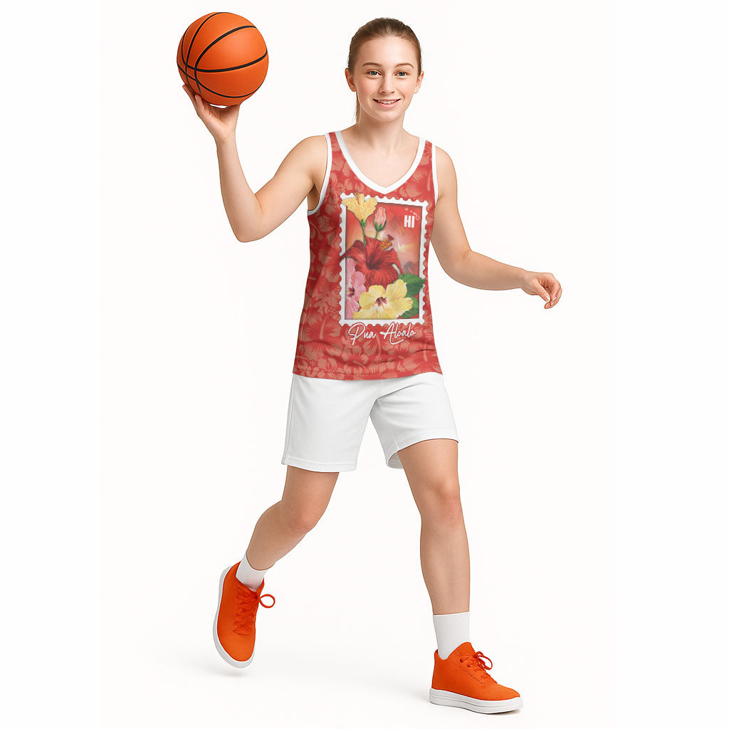 Aloha Hawaii Pua Aloalo Basketball Jersey Hawaiian Hibiscus Flowers Stylized Stamp LT14 - Polynesian Pride