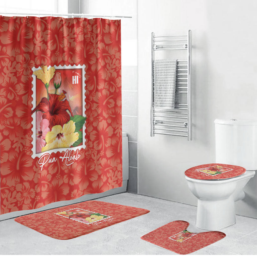 Aloha Hawaii Pua Aloalo Bathroom Set Hawaiian Hibiscus Flowers Stylized Stamp LT14 Bathroom Set (4 pcs) Red - Polynesian Pride