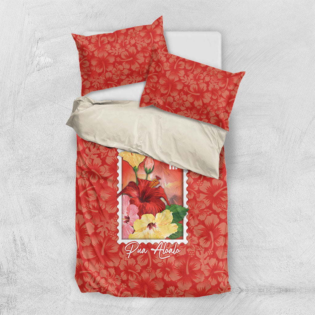 Aloha Hawaii Pua Aloalo Bedding Set Hawaiian Hibiscus Flowers Stylized Stamp LT14 US Twin 172cm x 218cm Red - Polynesian Pride