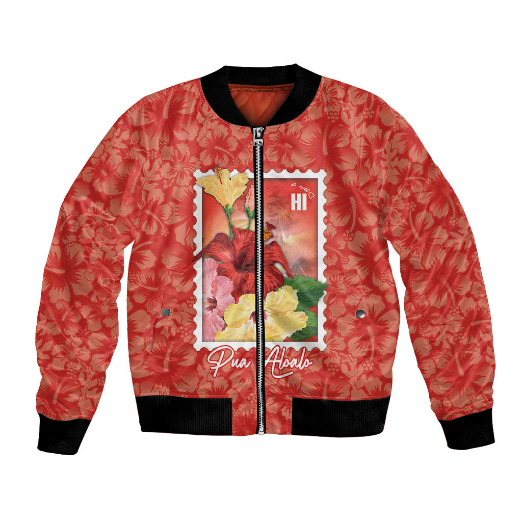 Aloha Hawaii Pua Aloalo Bomber Jacket Hawaiian Hibiscus Flowers Stylized Stamp LT14 Unisex Red - Polynesian Pride