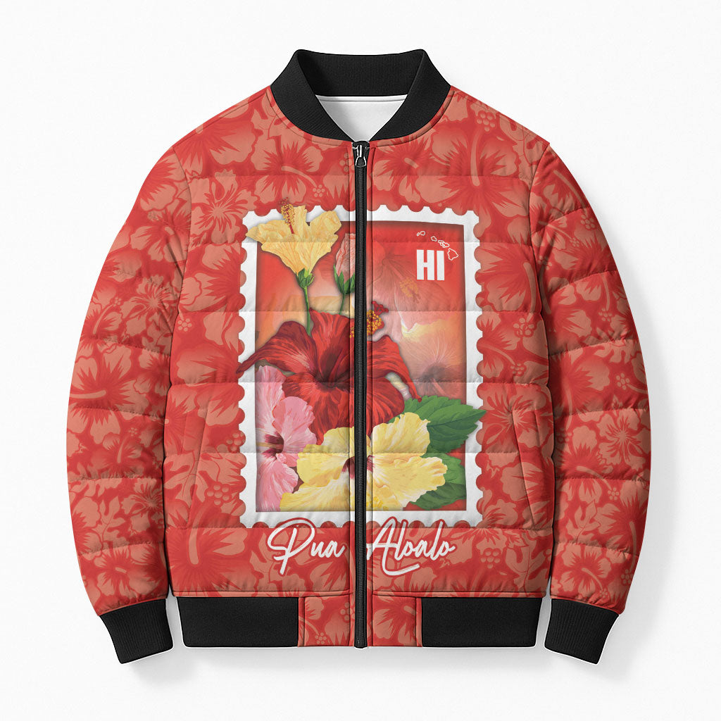 Aloha Hawaii Pua Aloalo Bomber Puffer Jacket Hawaiian Hibiscus Flowers Stylized Stamp LT14 Unisex Red - Polynesian Pride