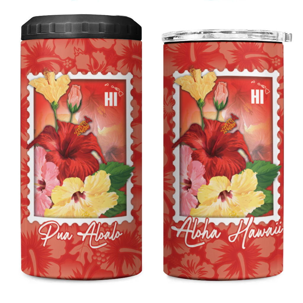Aloha Hawaii Pua Aloalo 4 in 1 Can Cooler Tumbler Hawaiian Hibiscus Flowers Stylized Stamp