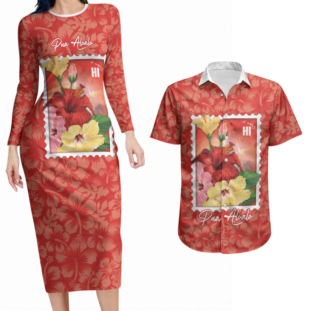 Aloha Hawaii Pua Aloalo Couples Matching Long Sleeve Bodycon Dress and Hawaiian Shirt Hawaiian Hibiscus Flowers Stylized Stamp LT14 Red - Polynesian Pride