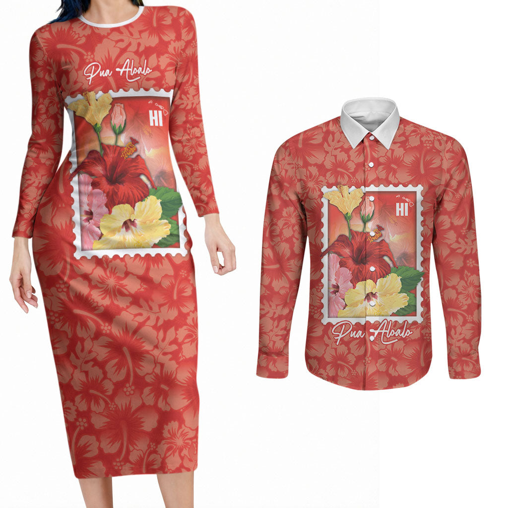 Aloha Hawaii Pua Aloalo Couples Matching Long Sleeve Bodycon Dress and Long Sleeve Button Shirt Hawaiian Hibiscus Flowers Stylized Stamp LT14 Red - Polynesian Pride