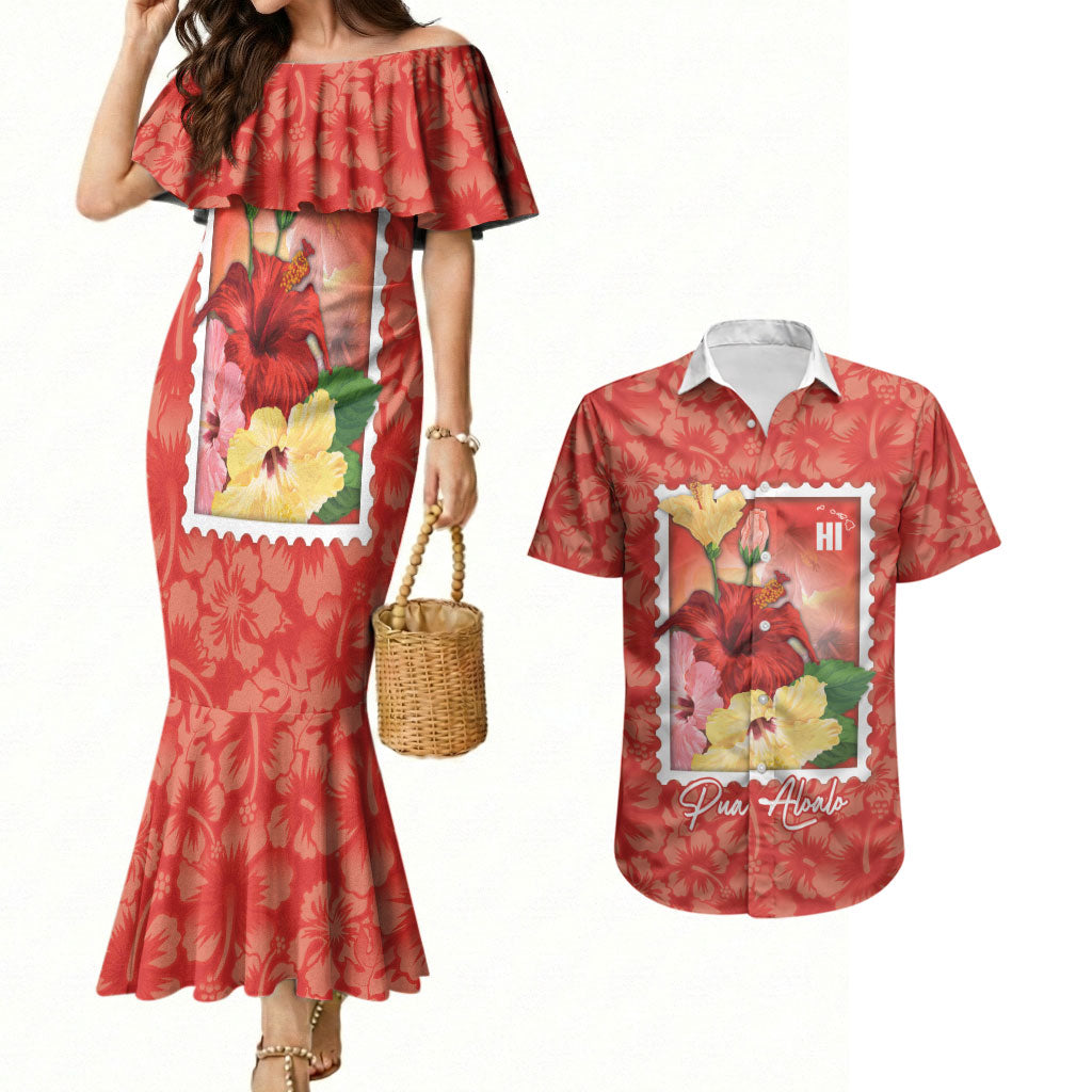 Aloha Hawaii Pua Aloalo Couples Matching Mermaid Dress and Hawaiian Shirt Hawaiian Hibiscus Flowers Stylized Stamp LT14 Red - Polynesian Pride